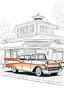 Placeholder: outline art for an adults coloring page, a pristine 1957 Chevrolet Bel Air parked in front of a retro diner, full body, white background, sketch style, full body, only use outline, clean art , white background, no shadows and clear well outlined,