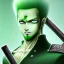 Placeholder: zoro, green hair, chainsawman, animestyle, denji, three chainsaw style, three sword style, majestic, soft pastel colors, soft smooth lighting, intricate detail, closed left eye, three sword, full body, sword handle in mouth, white skin,