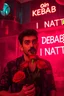 Placeholder: An spanish Guy with big eyes "Enrique" performing at dance club, his name is "Enrique" Red roses On stage, red Neon lights and smog, and "Din KEBAB I NATT" big sign on the wall, seranade under balcony