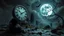 Placeholder: surreal dreamlike scene, nightmare on eart and in sky, midnight in the garden of death, some small black prickly balls on the earth and on sky, mystic gloomy, surreal dark shadows and pale light, stones, cracked eart, dark winter-like vibe, dark weird shapes floatings ,come strom , dark green moss, weird giant black musroom, bats on sky, branch on eart, ruins, rock, deep dark colors, dark twisting tendrils around big clock ,Clock Midnight, white-blue moon with black darkness, wind, fog, detail