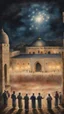 Placeholder: Hyper Realistic Painting of areal view of Palestinian men worshipping outside Al-Aqsa Mosque at night with celebration lights on a vintage rustic grungy paper