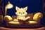 Placeholder: cute chibi fluffy beige bioluminescent cat reading a book sitting on a sofa next to a glowing tiffany lamp in a modern room