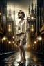 Placeholder: full body picture of a skinny woman with a bob, a fringe hairstyle, 1920s flapper clothing, futuristic steampunk city background