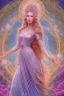 Placeholder: Create an image of a full body cosmic Goddess. The goddess should be depicted as a beautiful and powerful figure, surrounded by cosmic stars. Her hair should be long, blond and flowing, and she should be dressed in a flowing gown blue celestial robe. In the background, include imagery of pink flowers, blue sky,trees. The image should evoke a sense of joy, celebration, and spiritual connection to nature.