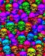 Placeholder: a field of skulls, multi colored, bright, vivid, psychedelic, high detailed, matte, , horrorcore, lining the street, unsettling contrast