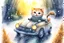 Placeholder: Cute little happy cat scarecrow riding a luxury car, forest path background, winter, snowflakes swirling, waterfall, reflection, mist, sunrise, smooth intricate photorealistic hyperrealistic high definition beautiful lighting pencil sketch watercolor dramatic lighting storybook illustration polished Deep shadows deep color warm light shiny glitters