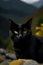 Placeholder: Portrait of black cat with yellow eyes on a mountain