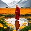 Placeholder: An ice Buddhist monk dressed in a red robe over a yellow shirt and wearing sandals, standing in a field of marigolds and pink violets against the backdrop of the snowy Himalayan peaks, the ground around him is wet from dew balls and morning mist, the monk's figure is reflected in a puddle of water he is standing next to, in a field a yak herder, sun rays Penetrating through white and gray clouds that cover the sky, cinematic photography, wide lens, sharp and clear colors, 24K