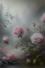 Placeholder: dry pastel, botanical fantasy, unrealistically beautiful fairy-tale landscape, pink-gray rose bush strewn with flowers, ultra-detailed, morning, rain, drops, greenery, magically, clear lines, haze, fog, many details, delicate sensuality, realistic, work of art, super-detail, filigree, foggy haze background, low contrast, surrealism, transparent, delicate pastel tones, backlighting, fantastic, unreal, translucent, glowing, epic fabulous