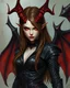 Placeholder: A female demon, pale skin, long brown hair, red eyes, long flaming horns, black leather outfit, black and red bat-like wings, arrogant, vicious, an air of malevolent power surrounds her, greg rutkowski, intricate details, dark fantasy setting, hyperrealistic