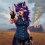 Placeholder: Denim vest, purple hair, anthropomorphic curvy, bottom-heavy she-hyena posing for a selfie with holding up two fingers, background is a train derailment with smoke in a field, digital illustration, SCUZZPUNK AESTHETIC: FILTH, GRIME, STINK... SCUZZ. And a DEVIL-MAY-CARE FLIRTATIOUS SASSY IRREVERENCE.