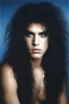 Placeholder: professional quality 35mm photograph, Chiaroscuro lighting, deep shadows, rich deep colors, facial portraits, 1980, 15-year-old Gene Simmons, ((1980's big hair, long, teased up Spikey Motley Crue style hair)), black hair, facial portraits, foggy, cloudy blue wall with assorted designs and multiple floral arrangements in the background, 4k, 8k, 16k, 32k, 100k UHD, Ultra-Hyper Resolution, dark, sultry eyeshadow, eyeliner, mascara, rouge, lipstick, from the rock and roll band KISS