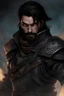 Placeholder: Create a realistic digital artwork of a fantasy hero known as the Shadow Fighter. He is a male character with black hair and blue eyes, featuring a scar on his face and a beard. He wields two weapons that emit black flames. He is dressed in leather armor and a brown scarf covering his mouth. The background should be a burnt-down village with eerie, sinister shadows lurking around, adding a dark and ominous atmosphere. The artwork should convey a sense of mystery and danger, dark fantasy