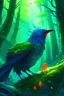 Placeholder: a big fierce blue and green bird breathing red dots in a forest on a tree with fire in the backround screaming in audible with no subtitles