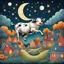 Placeholder: whimsical and charming storybook illustration of the classic Cow leaping over the Moon fable. The background features a beautifully illustrated suburban landscape, with colorful houses. Nighttime. The textures of the storybook pages can be seen on the edges of the illustration. The overall atmosphere is nostalgic, inviting readers to revisit this timeless absurd tale.