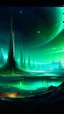 Placeholder: sci fi planet, space city, northern lights