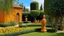 Placeholder: An orange oasis with fruit trees designed in Moai statues painted by Gustav Klimt