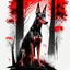 Placeholder: Doberman dog sitting, front view, full body, ink lineart red white black pointed ears trees front view