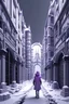 Placeholder: snowy megacity in purple, white, grey, and black perspective of a person from within an alley with arches and towers skyline filled with structures not photorealistic but stylized