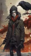 Placeholder: An illustration by Monet and Miyazaki of a human-like raven with a punk leather jacket within a Christmas atmosphere.