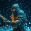 Placeholder: hooded marble knight with sword covered with glowing crystals, fire particles in air, bright colors, glowing sparkle particles, dark tone, sharp focus, high contrast, 8k, incredible depth, depth of field, dramatic lighting, beautifully intricate details, clean environment, epic dynamic scene