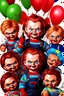 Placeholder: create me an photo realistic chucky doll celebrating his birthday lots of balloons and blood