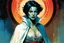 Placeholder: create an imaginative full body portrait illustration of an ethereal, otherworldly , medieval female vampire sorceress with extremely short hair in ragged ornate robes , in the comic book art style of Bill Sienkiewicz, Mike Mignola, and Jean Giraud Moebius, with highly detailed feminine facial features , finely drawn, colored and inked,