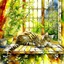 Placeholder: photorealistic, high-resolution image of a grey tabby cat sleeping on a sunny wooden windowsill next to various potted plants. The cat, with light brown and black stripes, lies on its back, paws up, basking in a ray of golden sunlight that illuminates its fur. The window in the background features an amber curtain on the left, and a wooden frame separates the panes. Outside the window, soft golden light suggests either sunrise or sunset, with blurred foliage visible. On the windowsill, several t
