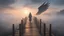 Placeholder: walking straight ahead over a wooden bridge, holding the angel of death with your right hand, entering the fog at the end of the road that leads to the afterlife, and a beautiful sunset and galaxy's behind the fog, realistic