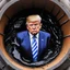 Placeholder: sad Donald Trump inside a barrel of crude oil, covered by dark slime