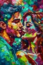 Placeholder: a gypsy theme, a beautiful in love girl and boy as focus point, close-up kissing scene, scrappy paint strokes in impasto , life is good, laughter and happiness