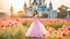 Placeholder: A gorgeous Asian model in a fairy outfit in a field of flowers at sunset a Disney crystal castle at background