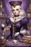 Placeholder: (anthropomorphic white ferret girl),dressed in ((cleric fantasy)) black and purple clothes with silver holy ornaments, realistic anatomy, fantasy tavern on background, mage and holy symbols around, serious face, hold cup of coffe, tired, pencne