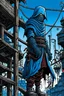 Placeholder: a Rene Magritte ninja on an industrial structure, in the style of detailed comic book art, azure and dark crimson, realistic hyper - detail, distinctive noses, leica r8, bold, manga - inspired characters, steampunk influences, by philippe francais, in the style of dark white and dark blue, twisted branches, psychedelic figuration, david bates, magic fairycore, high contrast chiaroscuro, vibrant figuration