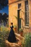 Placeholder: Night, vegetations, flowers, one woman, house, distant buildings, charles leickert, and ernst gustav doerrell paintings
