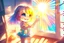 Placeholder: cute chibi holographic girl takes a picture in her hand and looks at it happily in a room in sunshine