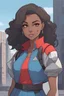 Placeholder: Young black woman with natural brown hair, one red eye and one gray eye, smug futuristic blue clothes with a skirt, urban background, RWBY animation style