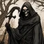 Placeholder: Unlike earlier personifications of death, the Grim Reaper has a ghoulish appearance that has made him a favorite Halloween costume for generations. The Reaper’s look starts with a long, black cloak. The cloak wraps all the way around the specter’s body and shrouds his face beneath a deep hood. It is usually loose and tattered, so that bits of black flutter in the wind as the Reaper moves. In his hand, the Reaper carries a scythe, a long pole with a curved blade fixed to the top. The scythe is