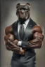 Placeholder: Bodybuilder Lee Haney with the face of a Rottweiler dog A dog's head instead of a person's head Only the player's body with a bulldog head on it He wears a luxurious black suit and holds a luxurious cigar