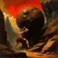 Placeholder: Powerful but Cursed Sisyphus pushing a round boulder up a hill in a sinister dreamland , (by Ted McKeever:1.4) and by Frank Frazetta and Gustav Dore, brooding horror art, warm colors, unsettling, pointilism oil painting