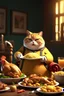 Placeholder: A fat cat having a full chicken of delicious food in front of him,3d animation ,funny