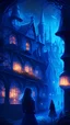 Placeholder: Magical realm, beautiful elvish town, lights in the windows, people wearing blue, the main character is at the front, 4k, digital art