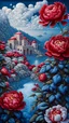 Placeholder: Striking white and blue landscape with red peonies. extreme details (Original prompt and modifiers by OksanaKolbasa) Modifiers: fantasy intricate 8k cinematic lighting very attractive beautiful award winning fantastic view ultra detailed high definition crisp quality Michelangelo acrylic art intricate details Jacek Yerka Rubens