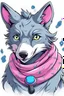 Placeholder: dark gray wolf white throat with lil bit pink in the ears blue scarf with a cable in its mouth conected to an xbox controller and make it hand drawn like a cartoon