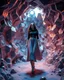 Placeholder: make a picture pretty cave made of crystal and metallic 3d fractal recursive cubic and sphere base structures and a beautiful fashion model lady with cute,with dark cyan decholte top and pretty pleated midi skirt,siver,curvy long hair,makeup, she walks in cave ,dynamic camera fallow her inside cave capturing full body, dynamic lights.