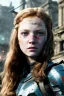 Placeholder: ultrarealistic, concept art,ruined city,__intricate fantasy armor__, no star, __angles__, 13 year old woman, strikingly beautiful,ginger hair, _colour_, (pale __skincolor__ skin:1.2), __camera__, long hair, detailed face and eyes, medium breasts, sci-fi theme, freckles, dynamic pose, resolved expression, __accessory__, strappy outfit, (straps:1.1), sword in scabbard on left hip, (buckles, buttons, snaps, rings:1.0), haltertop style breastplate, detailed eyes, plump lips