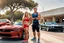 Placeholder: make a pic with very short hair bodybuilder Knut Spildrejorde from Norway and his fitness wife blonde hair Jeanette, they are standing front of his new red car Chevrolet Camaro, very busy highway in sunny Austin Texas in the background, stacks with pizza boxes on ground