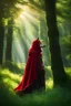 Placeholder: Little Red Riding Hood in her iconic red cloak standing in a vivid green clearing, soft focus, textured sunlight filtering through dense trees, highlighted texture of wolf fur, warm interaction between characters, fairy tale atmosphere, Test, by alex1shved , top realistic, ruddy skin, beautiful, full lips, smiling, sense of lightness and joy, hyperrealism, very elaborate skin, direct gaze,