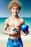 Placeholder: full body image of a beautiful 12 year old boy with long, blonde curly hair and light blue eyes, smiling, shirtless, holding an apple in his right hand, in front of an distant beach