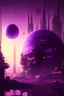 Placeholder: realistic industrial sci-fi city on a purple crystal planet, shot at dawn
